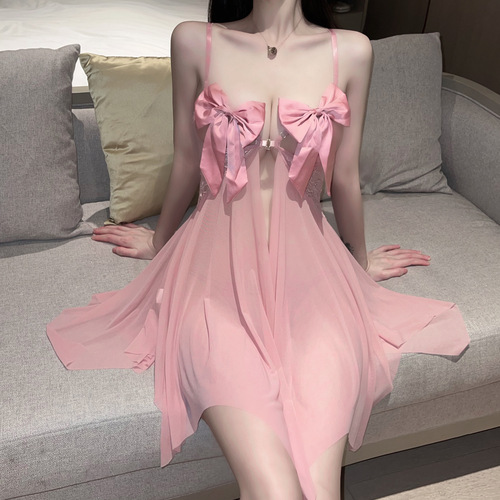 New see-through bow French aesthetic suspender sexy nightgown with deep V back and chest hot dress wholesale