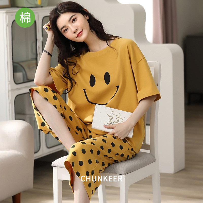 Pajamas for Women Summer Cartoon Pure Cotton Home Wear Pajamas for Women Summer Women's Loose Large Size Short-Sleeved Cropped Pants Set