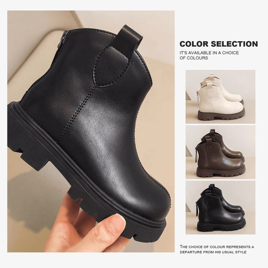 Girls boots 2024 new autumn and winter black fleece-lined short boots children's leather boots winter shoes cotton martin boots