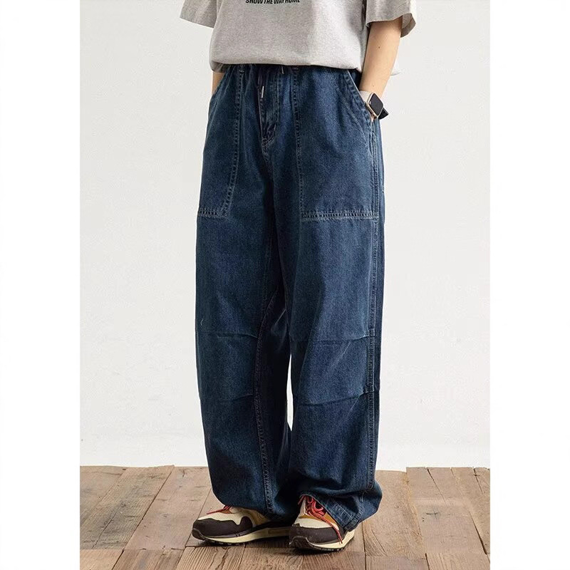 Japanese-Style Plus-Size Straight-Leg Jeans, Loose Drawstring Cargo Pants, Spring and Autumn Wide-Leg Washed Oversized Men's Pants