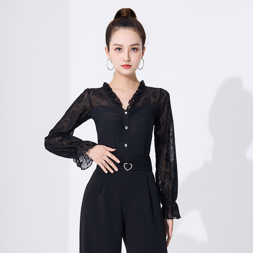 Latin dance tops for women with lace sleeves, new modern dance clothes for practice, adult national standard hot diamond fashion dance clothes and dance clothes