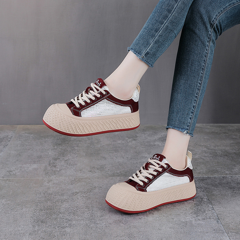 Giày sneaker nữ đế dày da thật lưới thoáng khí phối màu mũi to — màu đỏ