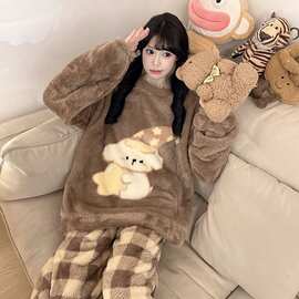 长袖卡通珊瑚绒秋冬季家居服保暖女士睡衣法兰绒两件套新款可外穿