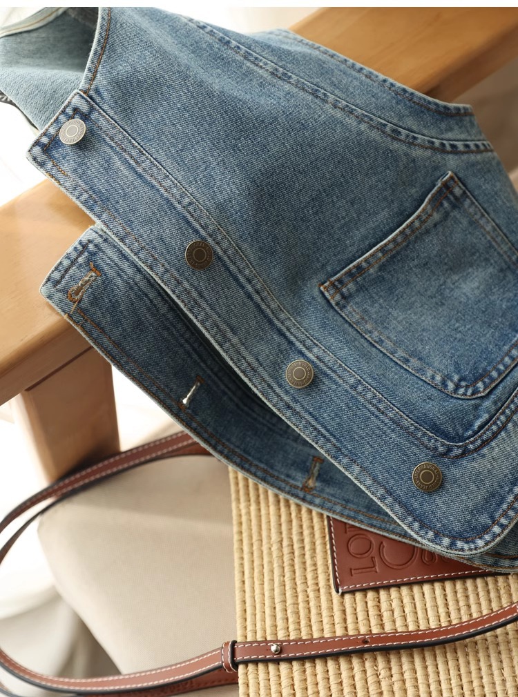 Áo vest denim nữ ngắn tay rộng rãi phong cách thời trang xuân hè — Xanh denim chi tiết 20