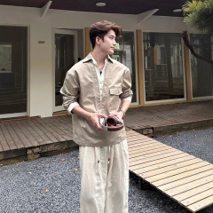 卡其色假两件V领衬衫男日系复古工装休闲衬衣痞帅高级感长袖外套