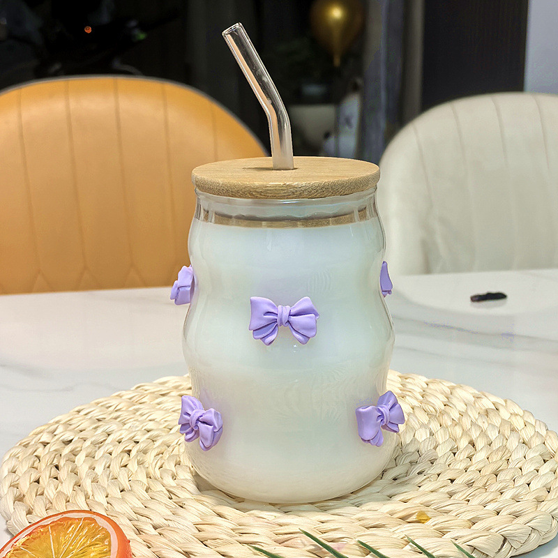 かわいいリボン縦ストライプストローカップ家庭用コーヒーカップジュース竹蓋ミルクティーカップ高温耐性ガラスカップ|undefined