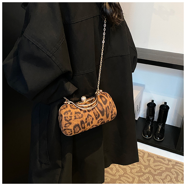 European and American style leopard print chain small square bag for women, 2024 new Korean style fashionable single-shoulder bag, flared crossbody dinner bag undefined