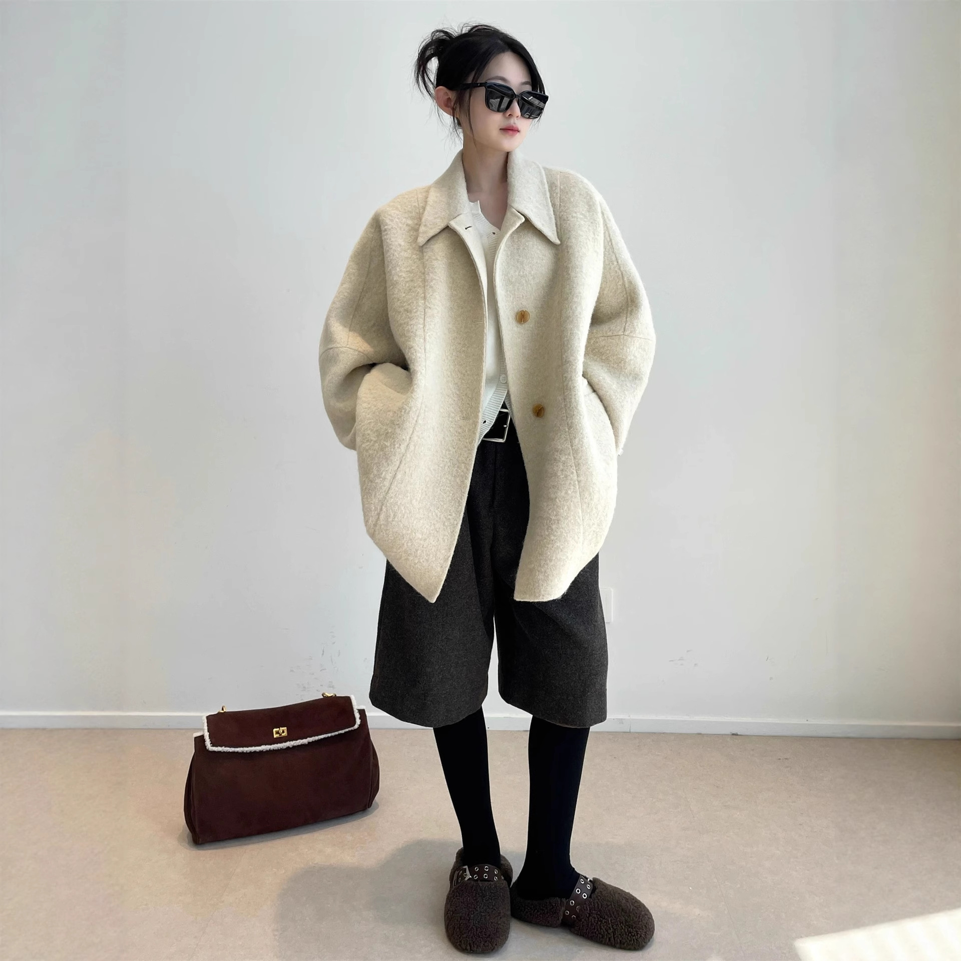 Suli Alpaca Coat Women's 2025 Autumn and Winter New Korean Style Double-Sided Hand-Sewn Small Lapel Loose Woolen Jacket