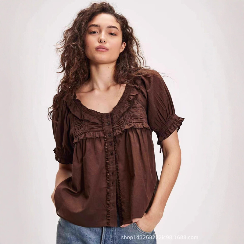 Cross-Border American Retro Doll-Style Round-Neck Lace Short-Sleeve Shirt, Sweet and Slim-Fitting Versatile Top