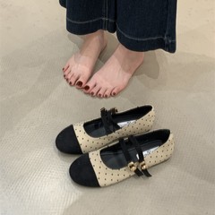 法式波点一字带玛丽珍单鞋2025春秋圆头浅口复古丝绒平底芭蕾舞鞋