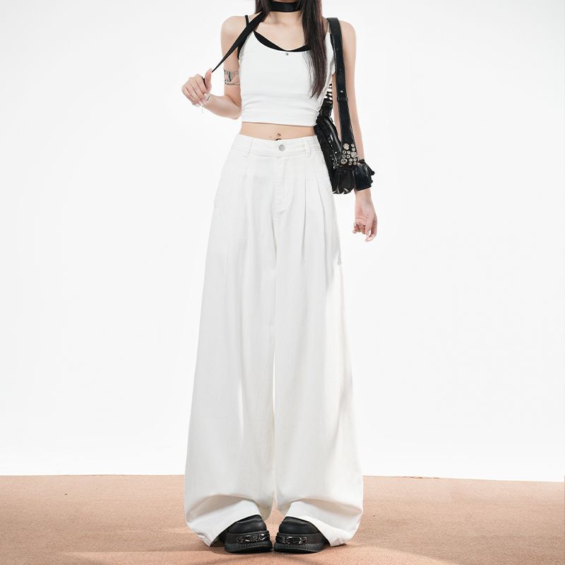 2026 New Summer Style White Wide-Leg Jeans with Pleated Texture for Women, High-Waisted, Slimming, Lazy Style Straight Pants