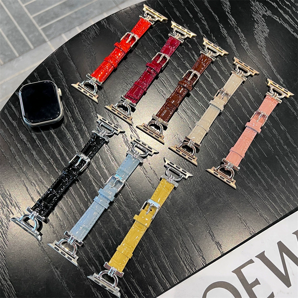 Применимо для Apple Watch 678910 поколения металлическая D-образная пряжка с ледяным крокодиловым ремешком S10 небольшой талия кожаный браслет