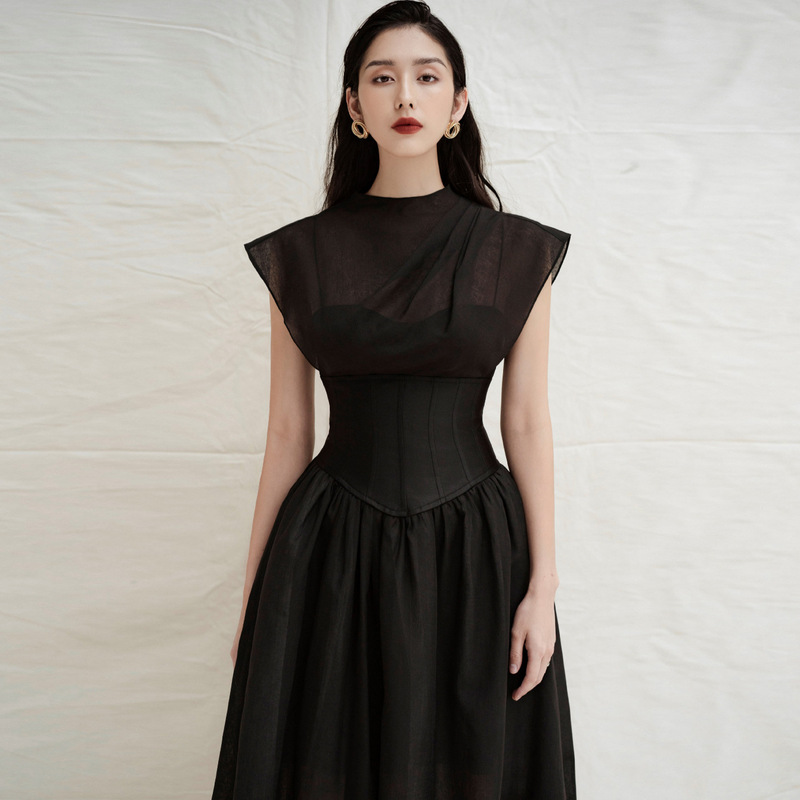 Vietnamese Niche Designer Textured Pleated High-Waist Slim Black See-Through Dress Long Skirt Dress 9909