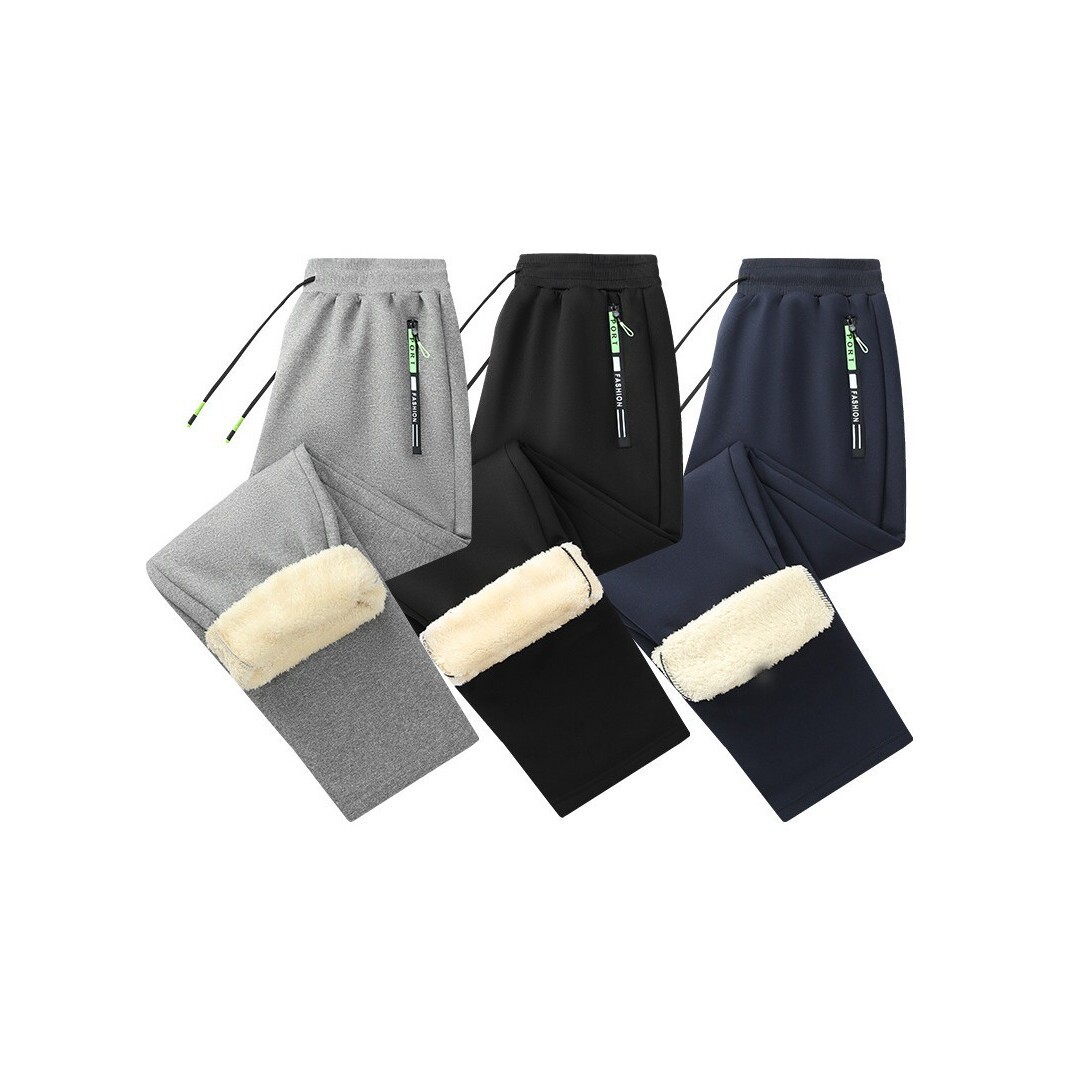 Men's fleece-lined sweatpants, warm sherpa-lined athletic pants, loose-fitting joggers, casual long pants with zipper pockets