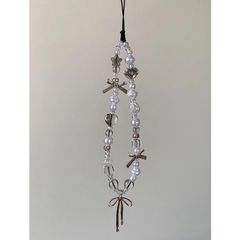 銀色蝴蝶結吊墜手機短款掛繩創意白色手機鏈珍珠掛鏈配件包包裝飾