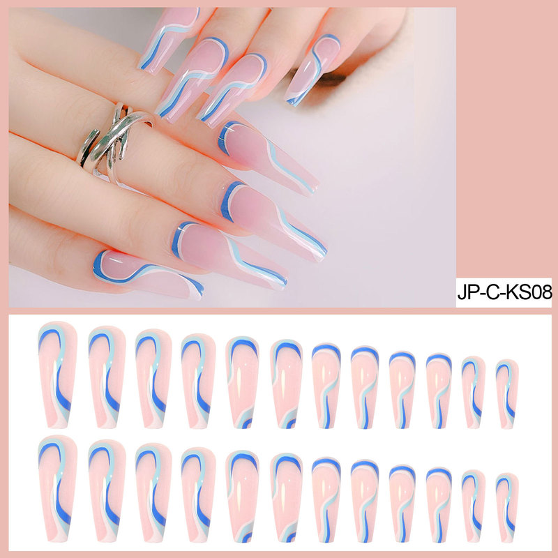 Foreign trade manicure European and American blue striped coffin nail long ballet nail piece fake nail finished product 24 pieces Foreign trade manicure European and American blue striped coffin nail long ballet nail piece fake nail finished product 24 pieces