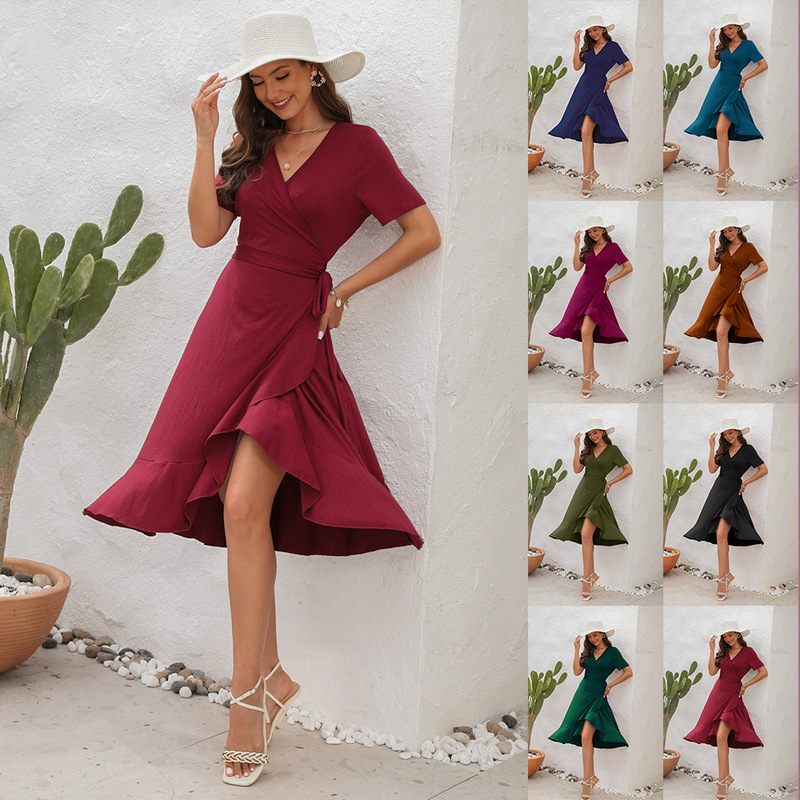 Amazon's New Cross-Border V-Neck High-Waist Strap Dress Pure Color Long Short-Sleeved Dress Vacation Travel Dress