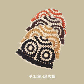 ins泫雅风太阳花渔夫帽木耳边针织镂空手工编织百搭时尚盆帽加工