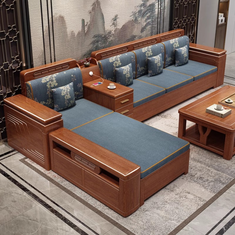 Walnut solid wood sofa combination New Chinese style modern simple small-apartment storage wood dual-purpose corner sofa for winter and summer