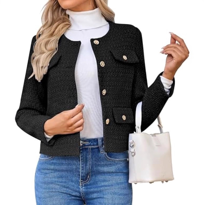 Chaqueta Corta de Tweed de Poliéster con Cuello Redondo y Botones para Trabajo image 3