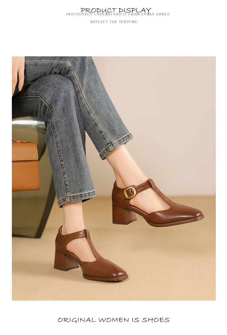 Sandal nữ quai chữ T đầu vuông hở mũi đế bệt — Màu nâu chi tiết 10