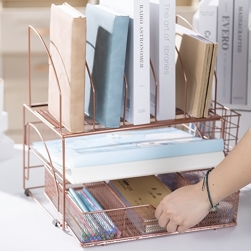 Estante de archivos de escritorio, estante de archivos de metal de malla de hierro, estante de archivos de papelería de almacenamiento multicapa para suministros de oficina image 4