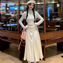 配大衣连衣裙女秋冬法式气质蕾丝拼接半高领高级感内搭打底长裙子