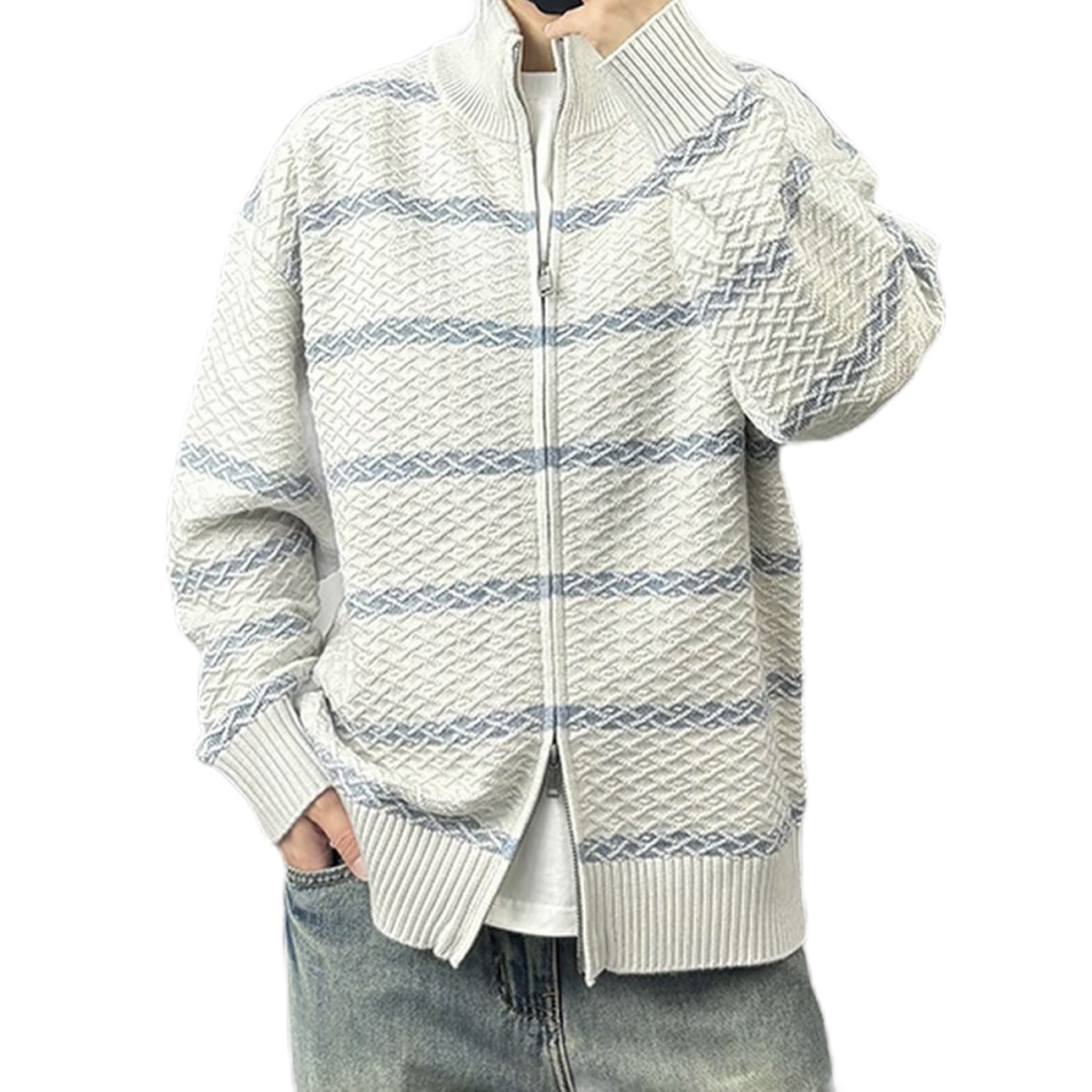 Explosiones transfronterizas de tamaño europeo de tamaño grande contraste a rayas cardigan jersey suéter texturas de mujer abrigo de cuello al por mayor fábrica