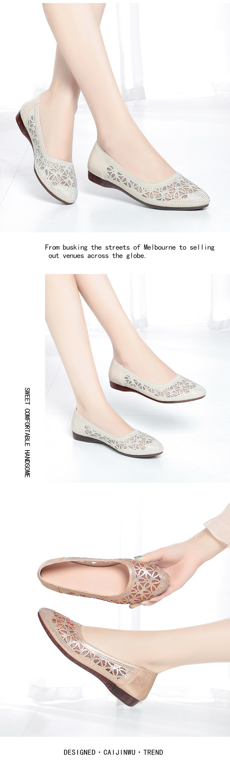 Sandal nữ da thật đế bệt lưới thoáng khí, dáng xỏ ngón mềm mại — Màu be chi tiết 3