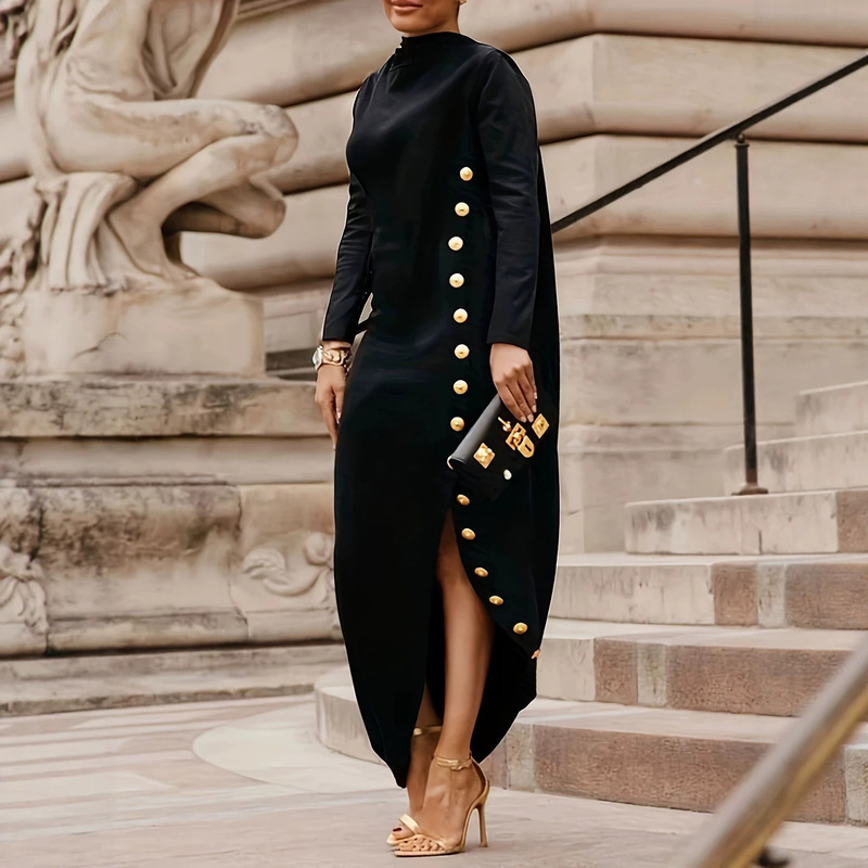 Long-sleeved loose-fitting asymmetrical buttoned split side high-neck long dress