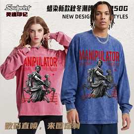 跨境新款圆领t恤长袖美式街头数码直喷印花来图印花宽松男女t恤