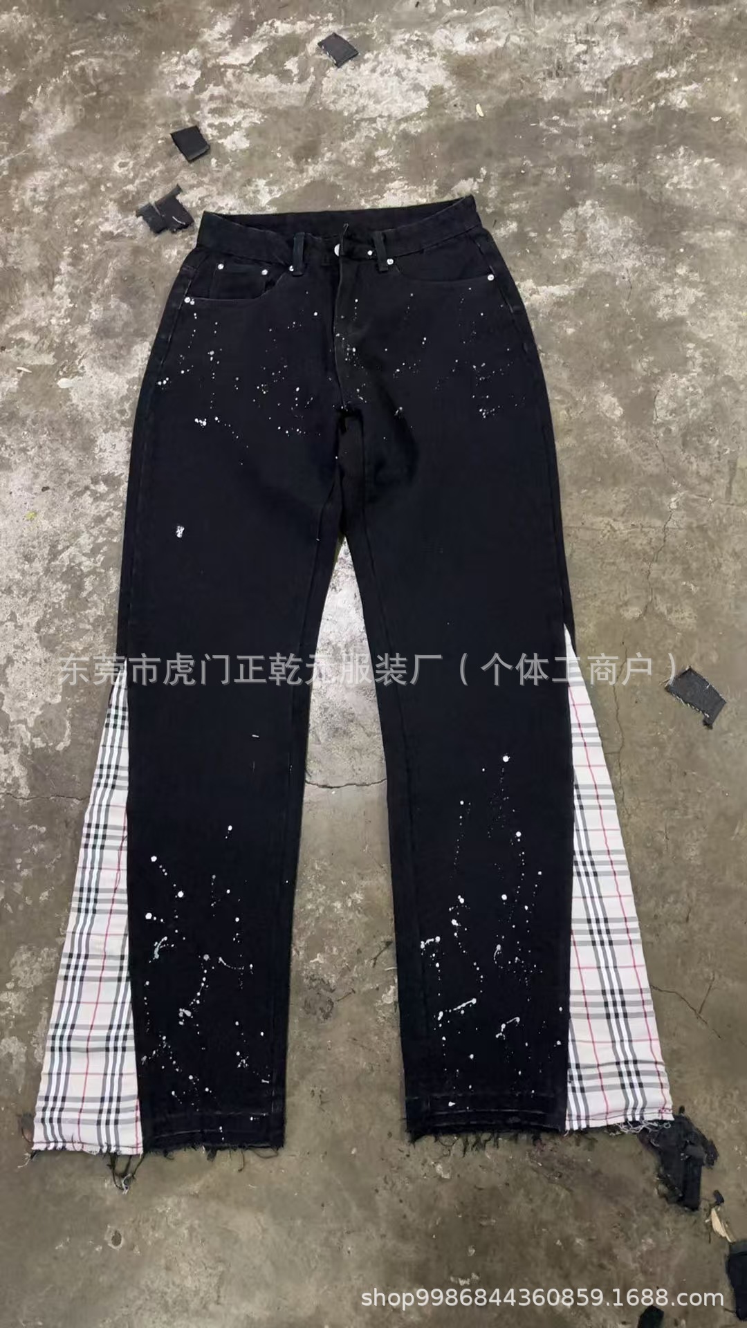 Other Jeans Washed Distressed Splatter Plaid Patchwork Black