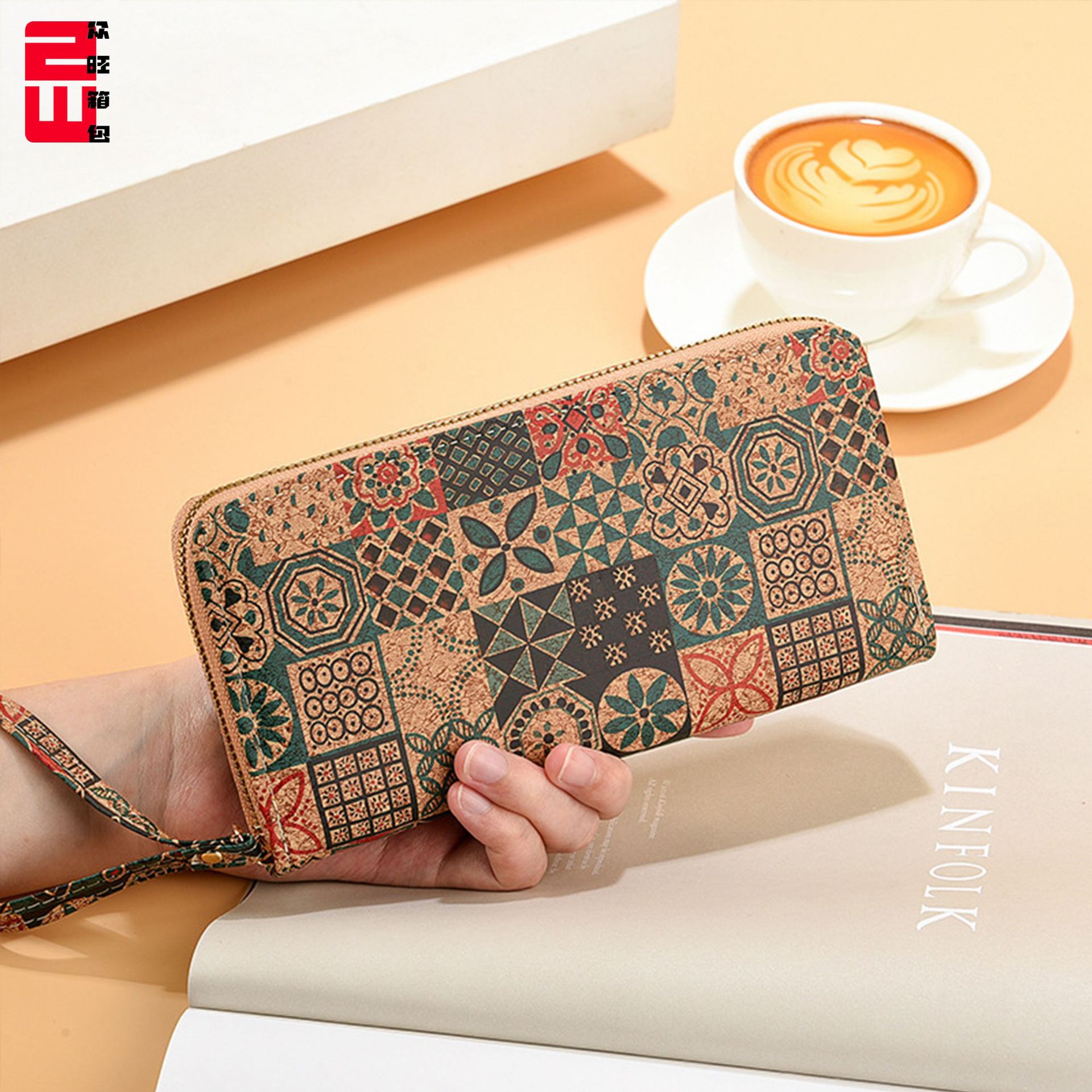 跨境女钱包直销时尚拉链长款复古纹软木纹现货大容量手机包多卡位