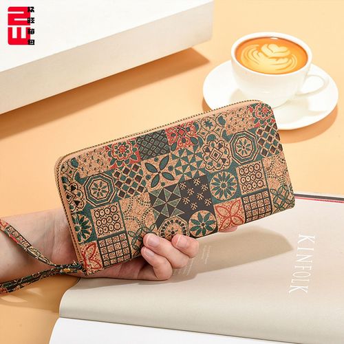 Women's Fashion Zipper Long Retro Wood Grain Soft Cork Texture Large Capacity Phone Bag with Multiple Card Slots
