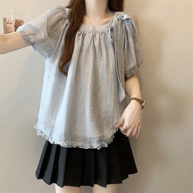 Plus-Size French-Style Bow Chiffon Maternity Shirt for Women, Summer 2026 New Model, Loose Fit, Slimming, and Flattering Top for Curvy Women
