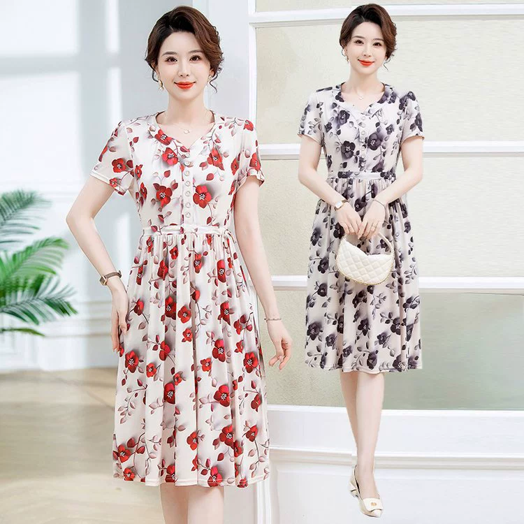 Новое летнее платье для мамы, хлопковое шелковое платье с короткими рукавами и цветочным принтом, летняя модная женская юбка среднего и пожилого возраста с круглым вырезом из искусственного хлопка