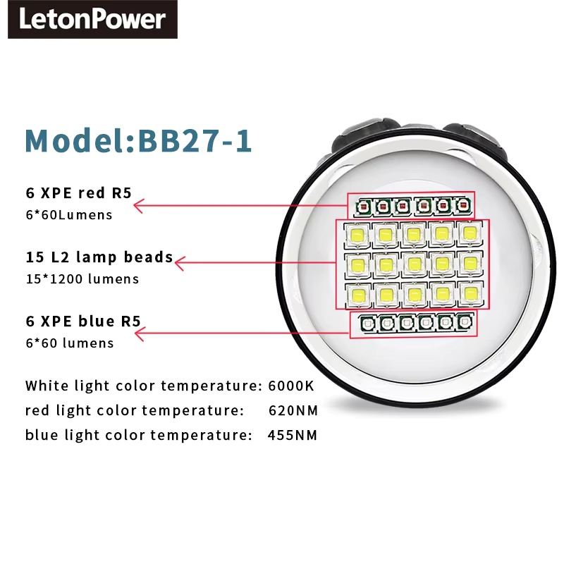 High-Power Professional Underwater 27 Led Photography Light High-Brightness Light 20000 Lumens Diving Flashlight 100m Waterproof