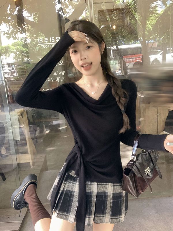 咖色荡领侧绑带长袖T恤女秋季新款内搭打底衫设计感修身显瘦上衣|undefined