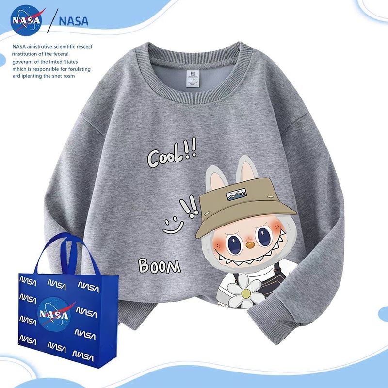 NASA卡通拉布布圆领卫衣上衣秋冬款labubu儿童休闲落肩加绒长袖|undefined