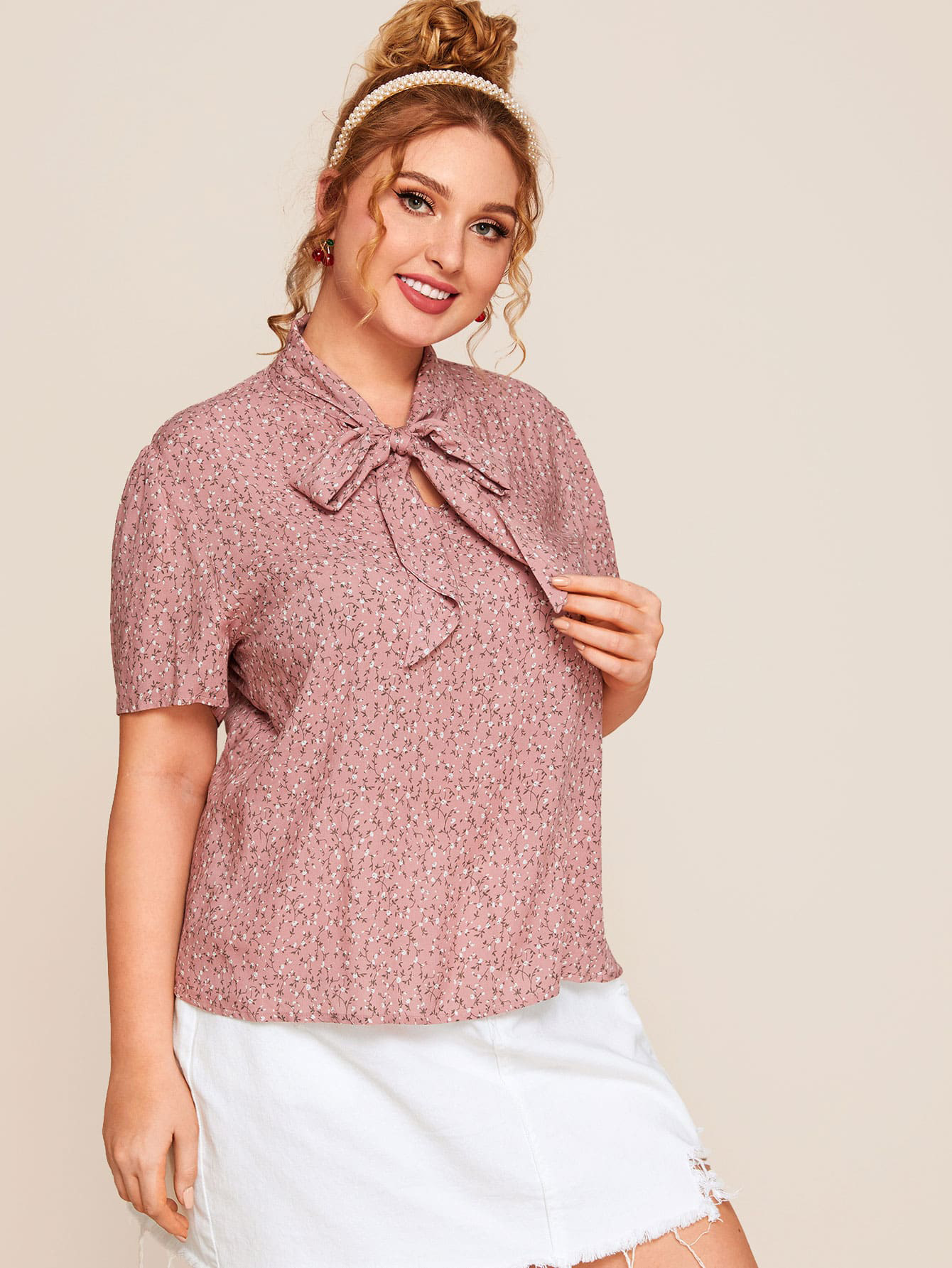 独立站热销爆款外贸大码女装上衣衬衫人棉印花领带设计