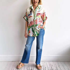 跨境独立站亚马逊INS2024新款欧美个性涂鸦印花亚麻单排多扣衬衫