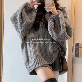 麻花高级灰色加厚复古毛衣针织版女秋装慵懒风V领宽松感灯笼袖