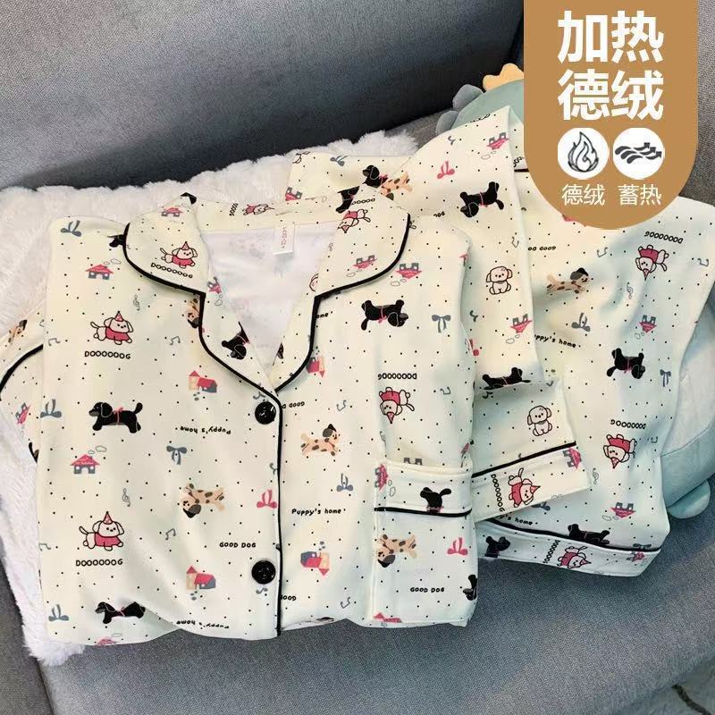 德绒长袖长裤两件工厂跨境秋冬睡衣女云朵棉开衫日系可爱甜美家居