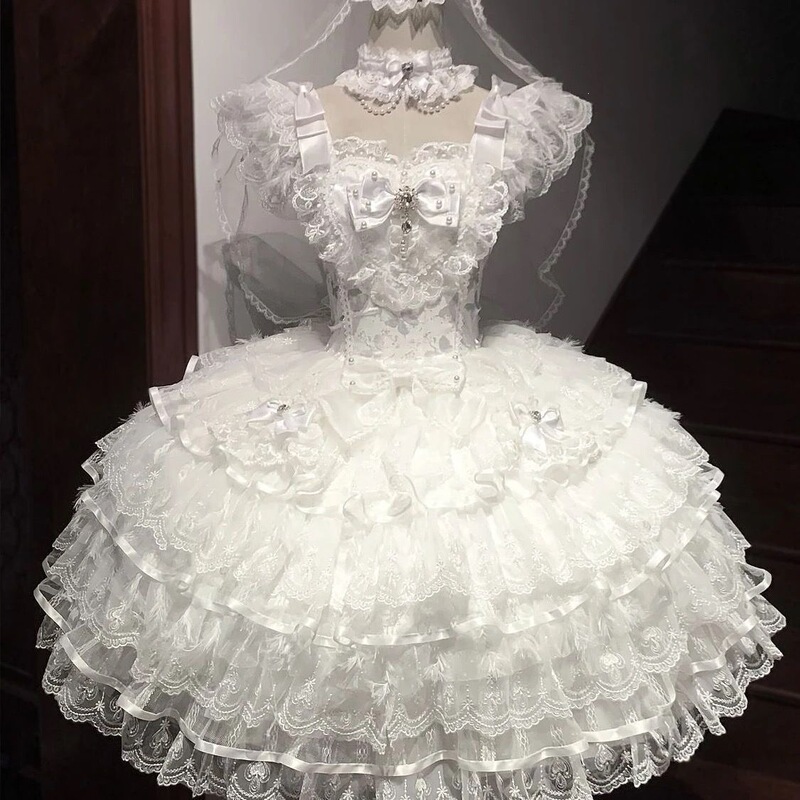Bride Lolita Sweet Dress, Girl's Gorgeous Lace Strap Dress, Summer Sheer Gown