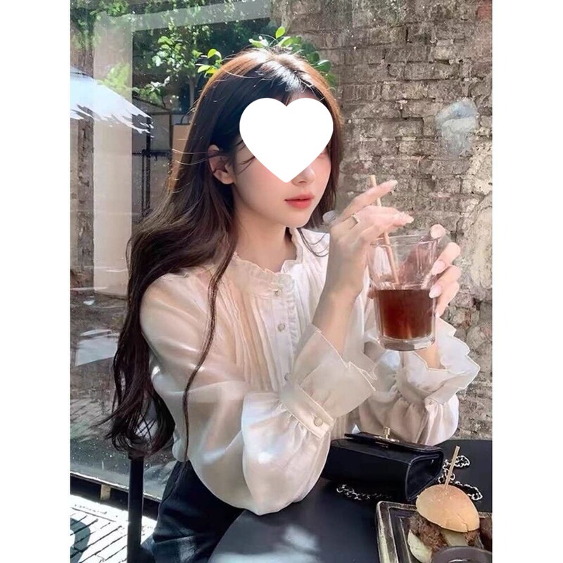 French-style sweet and elegant stand-collar lace long-sleeve shirt for women, unique design, youthful and stylish white top for spring