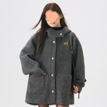 慵懒风连帽毛呢外套女装秋冬季新款复古感中长款加厚呢子大衣