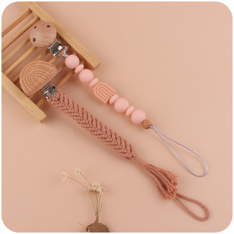 Nuevo bebé suministros de dibujos animados Arco Iris chupete cadena calmante bebé Arco Iris clip hecho a mano tejido anti-gota