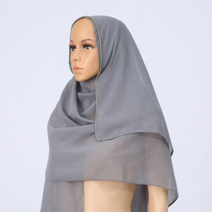 Cross-Border Hot Diamond Headscarf for Women, Ethnic Style Solid Color Chiffon Hijab Scarf, Hui Headscarf, Lace Square Scarf