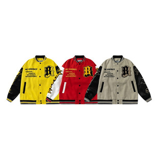 American Retro Flame Embroidered Contrast Baseball Suit Men's 2024 Spring and Autumn New Retro National Fashion Hip Hop Jacket Coat