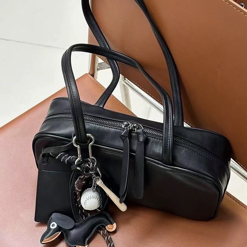 2025 New Retro Boston Bag Cowhide Leather Handbag Underarm Bag Commuter Shoulder Bowling Bag For Women - Thumbnail 4